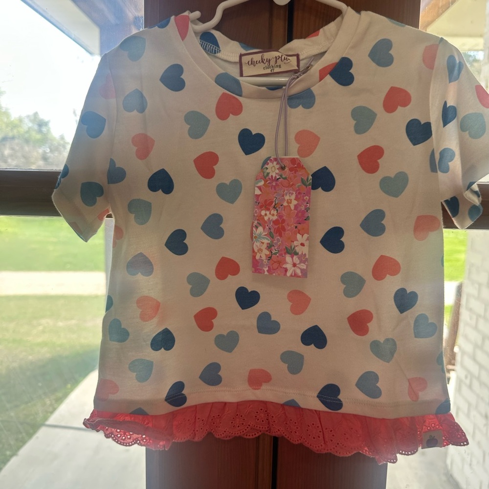 NEW!! Cheeky Plum girls Heart Patterned T-Shirt with Lace Trim